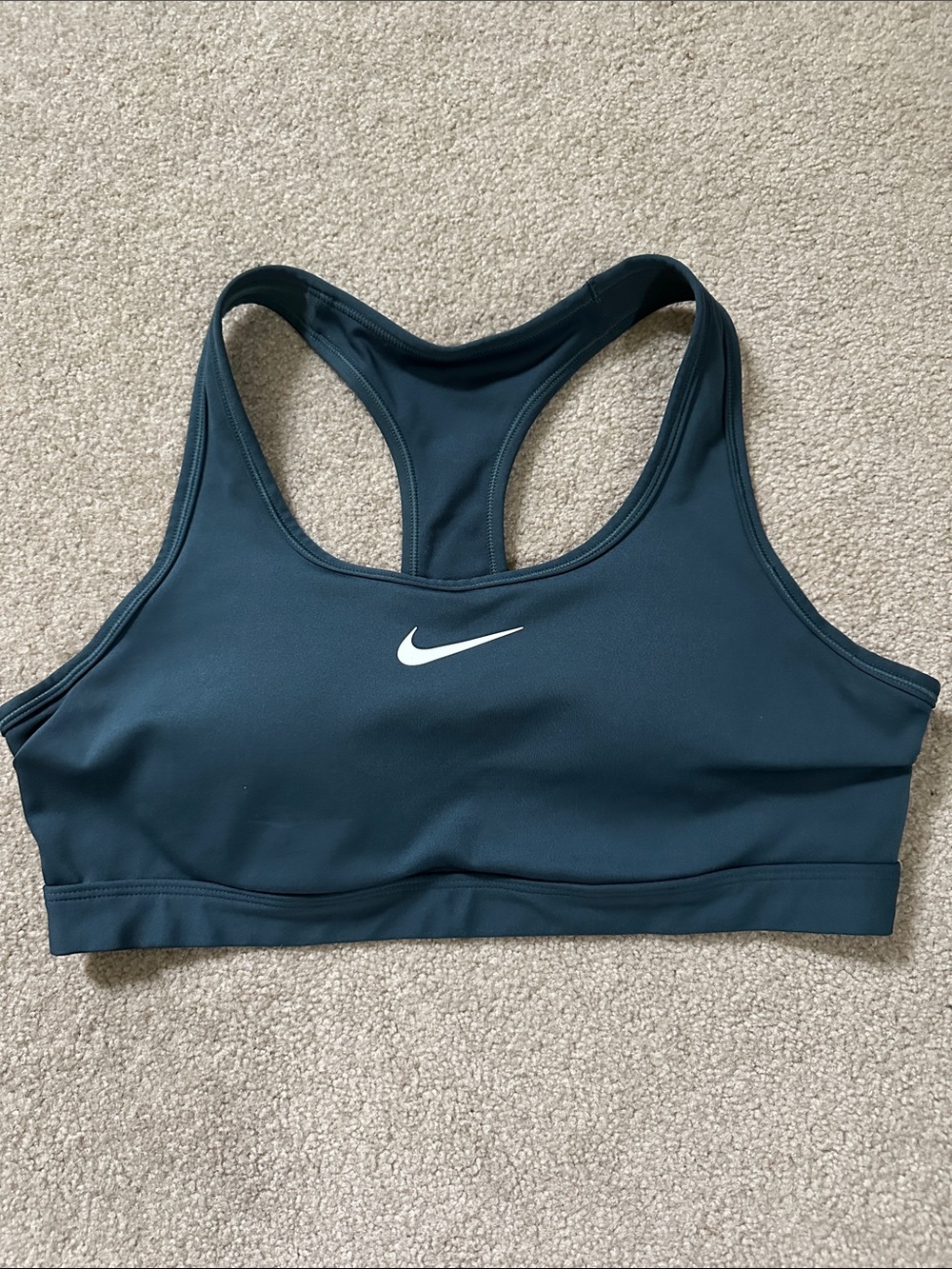 Nike Dark Teal Dri-Dit Racerback Sports Bra with White Swoosh and Padding - M